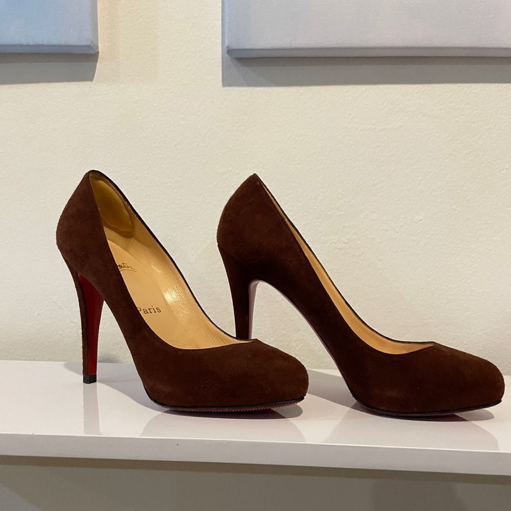 Christian Louboutin Suede Chocolate Brown New Declic 120 Pumps